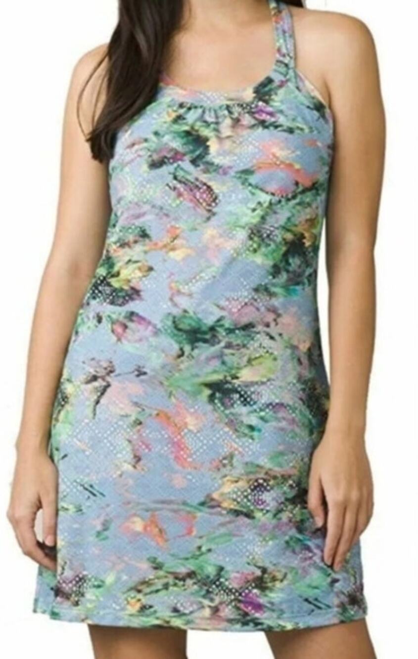 Prana Womens Cantine Dress Small Blue Graceful Floral Halter Padded Outdoor